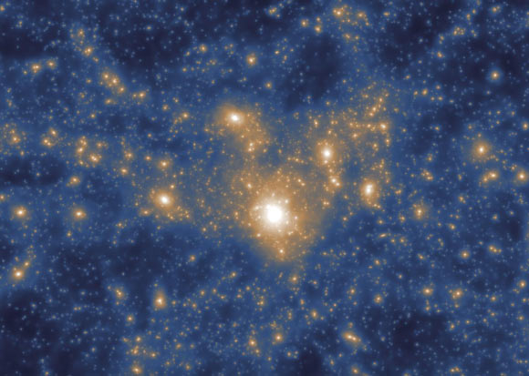 Simulation showing distribution of dark matter particles around a galaxy. Image credit: Gupta et al / ASTRO 3D / IllustrisTNG Collaboration.
