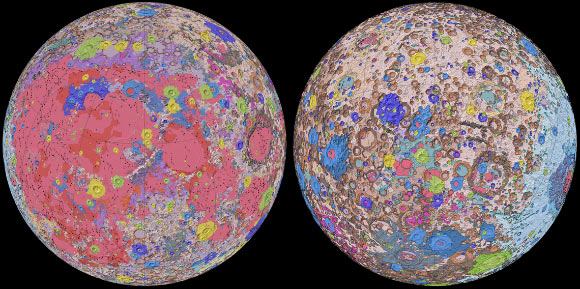 Orthographic projections of the Unified Geologic Map of the Moon showing the geology of the Moon’s near side (left) and far side (right) with shaded topography from the Lunar Orbiter Laser Altimeter (LOLA). Image credit: U.S. Geological Survey / Lunar and Planetary Institute / South Dakota School of Mines and Technology / NASA / JAXA.