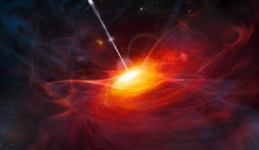 This artist’s impression shows how ULAS J1120+0641, a very distant quasar powered by a black hole with a mass two billion times that of the Sun, may have looked. Image credit: M. Kornmesser / ESO.