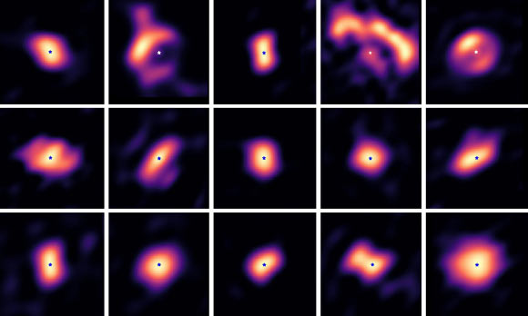 Kluska et al provided model-independent reconstructed images of 15 protoplanetary disks selected from the Herbig AeBe survey carried out with PIONIER at the Very Large Telescope Interferometer. Image credit: Kluska et al, doi: 10.1051/0004-6361/201833774.