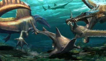 Two Spinosaurus aegyptiacus hunt Onchopristis, a prehistoric sawfish, in the waters of the Kem Kem river system in what is now Morocco. Image credit: Jason Treat / National Geographic Staff / Mesa Schumacher / Davide Bonadonna / Nizar Ibrahim, University of Detroit Mercy.