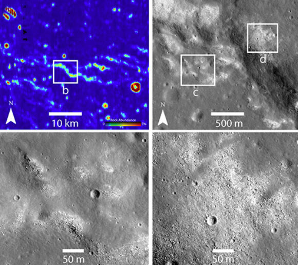Infrared (upper left) and other images from NASA’s Lunar Reconnaissance Orbiter revealed strange bare spots where the Moon’s ubiquitous dust is missing. Image credit: Valantinas & Schultz, doi: 10.1130/G47202.1.