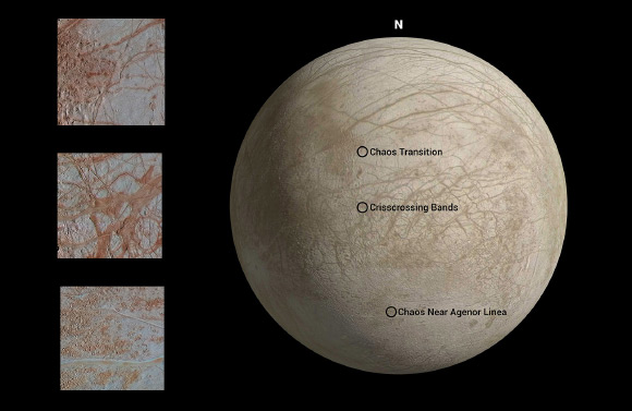 This map shows locations where each image of Europa’s surface was captured by Galileo during its eighth targeted flyby of Jupiter’s icy moon. Image credit: NASA / JPL-Caltech.