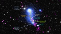 Abell 2384 contains the giant structures that can result when two galaxy clusters collide. A superheated gas bridge is seen in this composite image with X-rays from Chandra and XMM-Newton (blue), radio emission from the Giant Metrewave Radio Telescope (red) and optical data from the Digitized Sky Survey (yellow). This multi-wavelength view reveals the effects of a jet shooting away from a supermassive black hole in the center of a galaxy in one of the clusters. The jet is so powerful that it is bending the shape of the gas bridge, which extends for over 3 million light-years and has the mass of about 6 trillion solar masses. Image credit: NASA / CXC / SAO / V. Parekh et al / ESA / XMM-Newton / NCRA / GMRT.