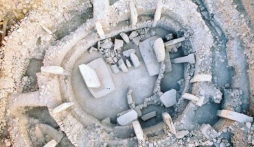 Göbekli Tepe, Enclosure C: note the discontinuity of the bench between the southern pillars and the additional construction built against the southern part of the inner peripheral wall. Image credit: Haklay & Gopher, doi: 10.1017/S0959774319000660.