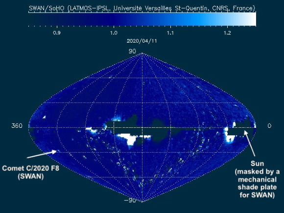 Comet SWAN makes its closest approach to Earth on May 13, 2020, at a distance of 85 million km (53 million miles); its closest approach to the Sun, called perihelion, will happen on May 27, 2020. Image credit: NASA / ESA / SOHO.