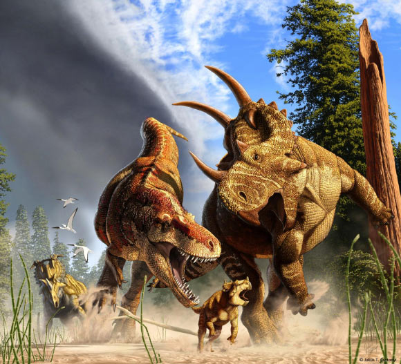 Daspletosaurus chasing Spinops. Image credit: Julius Csotonyi.