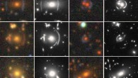 These two columns show side-by-side comparisons of gravitational lens candidates imaged by the Dark Energy Camera Legacy Survey (color) and the NASA/ESA Hubble Space Telescope (black and white). Image credit: Dark Energy Camera Legacy Survey / NASA / ESA / Hubble / Huang et al.