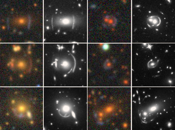 These two columns show side-by-side comparisons of gravitational lens candidates imaged by the Dark Energy Camera Legacy Survey (color) and the NASA/ESA Hubble Space Telescope (black and white). Image credit: Dark Energy Camera Legacy Survey / NASA / ESA / Hubble / Huang et al.