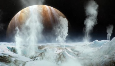 Water vapor plumes on Jupiter’s icy moon Europa. Image credit: David Ladd, USRA & NASA’s Goddard Space Flight Center.