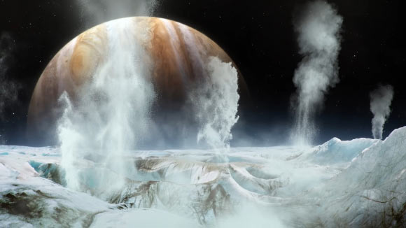 Water vapor plumes on Jupiter’s icy moon Europa. Image credit: David Ladd, USRA & NASA’s Goddard Space Flight Center.