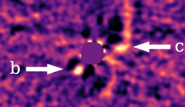 This image shows protoplanets PDS 70b and PDS 70c (labeled with white arrows) with the circumstellar disk removed. Image credit: J. Wang, Caltech.