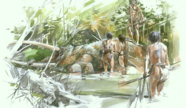 Reconstruction of the Schöningen lakeshore as the humans discovered the carcass of the straight-tusked elephant. Image credit: Benoit Clarys.