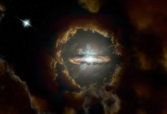 An artist’s impression of DLA0817g (Wolfe Disk), a massive, rotating disk galaxy in the early, dusty Universe. The galaxy was initially discovered when ALMA examined the light from a more distant quasar (top left). Image credit: NRAO / AUI / NSF / S. Dagnello.