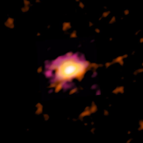 ALMA radio image DLA0817g (Wolfe Disk), seen when the Universe was only 10% of its current age. Image credit: ALMA / ESO / NAOJ / NRAO / M. Neeleman / AUI / NSF / S. Dagnello.