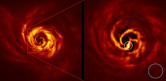 The protoplanetary disk around AB Aurigae: the image on the right is a zoomed-in version of the area indicated by a red square on the image on the left; it shows the inner region of the disk, including the very-bright-yellow ‘twist’ (circled in white) that scientists believe marks the spot where a planet is forming; this twist lies at about the same distance from AB Aurigae Neptune from the Sun; the blue circle represents the size of the orbit of Neptune. Image credit: ESO / Boccaletti et al.