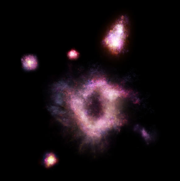 An artist’s impression of the collisional ring galaxy R5519. Image credit: James Josephides, Swinburne Astronomy Productions.