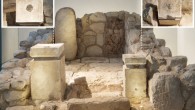 Frontal view of the cella of the shrine at Arad, as rebuilt in the Israel Museum from the original archaeological finds. The inserts show a top-down view of the altars: on the left, the larger altar; on the right, the smaller altar. Note the visible black residue. Scale bar - 20 cm. Image credit: Laura Lachman / Israel Museum / Israel Antiquities Authority.