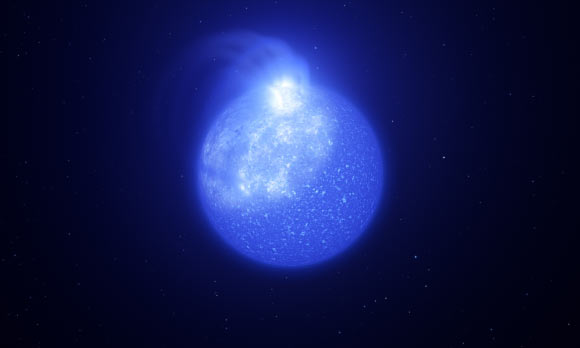 An artist’s impression of what one of extreme horizontal branch stars, and its giant whitish spot, might look like. The spot is bright, takes up a quarter of the star’s surface and is caused by magnetic fields. As the star rotates, the spot on its surface comes and goes, causing visible changes in brightness. Image credit: ESO / L. Calçada, INAF-Padua / S. Zaggia.
