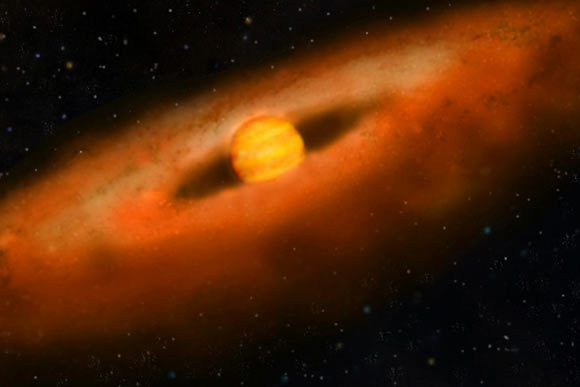 An artist’s impression of the brown dwarf W1200-7845 and its disk. Image credit: William Pendrill / NASA.