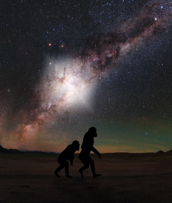 About 3.5 million years, a tremendous explosion rocked the center of our galaxy. Our distant hominid ancestors, already afoot on the African plains, likely would have seen the resulting flare as a ghostly glow high overhead in the night sky. Image credit: NASA / ESA / G. Cecil, UNC, Chapel Hill & J. DePasquale, STScI.