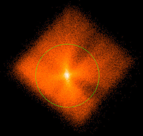 This image of RX J0209.6-7427 was captured by the Soft X-ray Telescope on board the AstroSat satellite. The circle with a 4 arcmin radius is centered on the source. Image credit: Chandra et al, doi: 10.1093/mnras/staa1041.