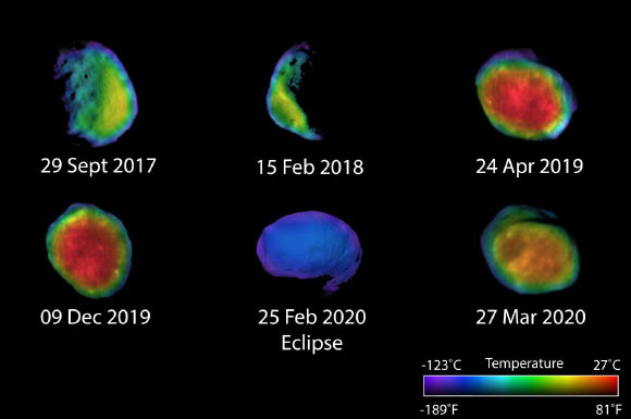 These images from the THEMIS camera on NASA’s Mars Odyssey orbiter show Phobos during different phases: waxing, waning and full. Image credit: NASA / JPL-Caltech / ASU / NAU.