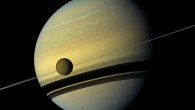 This mosaic of Saturn and its largest moon Titan combines six images -- two each of red, green and blue spectral filters -- to create this natural color view. The images were obtained with Cassini’s wide-angle camera on May 6, 2012, at a distance of approximately 778,000 km (483,000 miles) from Titan. Image credit: NASA / JPL-Caltech / Space Science Institute.
