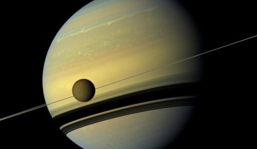 This mosaic of Saturn and its largest moon Titan combines six images -- two each of red, green and blue spectral filters -- to create this natural color view. The images were obtained with Cassini’s wide-angle camera on May 6, 2012, at a distance of approximately 778,000 km (483,000 miles) from Titan. Image credit: NASA / JPL-Caltech / Space Science Institute.