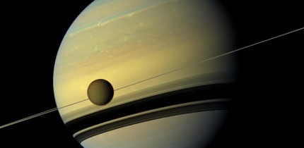 This mosaic of Saturn and its largest moon Titan combines six images -- two each of red, green and blue spectral filters -- to create this natural color view. The images were obtained with Cassini’s wide-angle camera on May 6, 2012, at a distance of approximately 778,000 km (483,000 miles) from Titan. Image credit: NASA / JPL-Caltech / Space Science Institute.