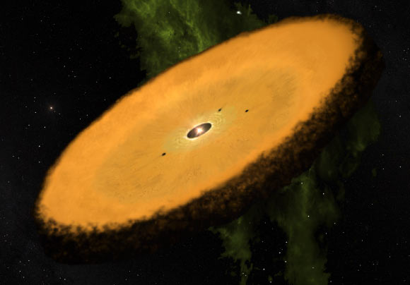 An artist’s impression of the Peter Pan disk around WISE J080822.18-644357.3, a red dwarf located about 331 light-years from Earth in the constellation of Carina. Image credit: Jonathan Holden / NASA’s Goddard Space Flight Center.
