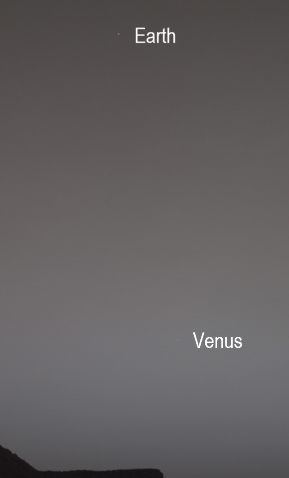 Two images of the night sky were combined to show Earth and Venus as seen by Curiosity on June 5, 2020. The planets appear as pinpoints of light owing to a combination of distance and dust in the air. A rock feature called Tower Butte is visible at bottom. Image credit: NASA / JPL-Caltech.