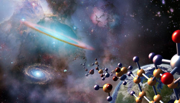 An artist’s illustration of complex organic molecules in space. Image credit: Jenny Mottar / NASA.