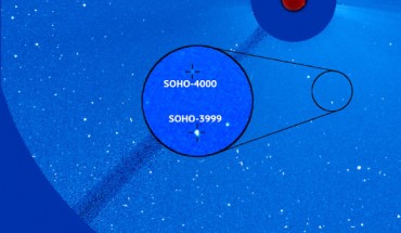 SOHO-4000 is seen here in an image from the SOHO alongside its 3,999th comet discovery. The two comets are relatively close at approximately 1 million miles apart, suggesting that they could have been connected together as recently as a few years ago. Image credit: ESA / NASA / SOHO / Karl Battams.