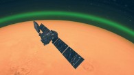 An artist’s impression of ESA’s ExoMars Trace Gas Orbiter detecting the green glow of oxygen in the Martian atmosphere. This emission, spotted on the dayside of Mars, is similar to the night glow seen around Earth’s atmosphere from space. Image credit: ESA.