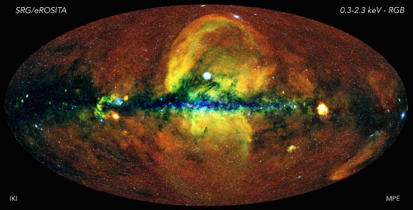 This image from the eROSITA X-ray telescope shows the energetic Universe. Image credit: Jeremy Sanders, Hermann Brunner & the eSASS team / Max Planck Institute for Extraterrestrial Physics / Eugene Churazov & Marat Gilfanov, IKI.