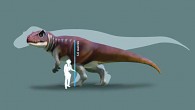 A reconstruction of a Jurassic dinosaur track-maker from southern Queensland in front of a silhouette of the largest known Tyrannosaurus rex. Image credit: Anthony Romilio.