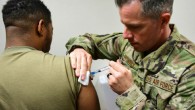 Air Force Tech Sgt. Joseph Anthony, medical technician with the 911th Aeromedical Staging Squadron, administers a vaccination to a member of the U.S. Army Reserve’s 336 Engineering Company Command and Control, Chemical Radiological and Nuclear Response Enterprise Team at the Pittsburgh International Airport Air Reserve Station, Pennsylvania, April 11, 2019. Image credit: Joshua J. Seybert, U.S. Air Force.