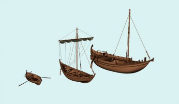 3D reconstructions of the three boat types found at Ostia: a fishing boat (left), a small sailboat (center) and a harbor lighter (right). Image credit: D. Peloso, Ipso Facto / P. Poveda, Centre Camille Jullian, CNRS, Aix Marseille Université.