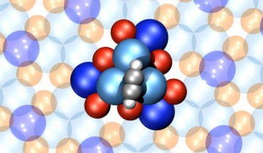 The world’s smallest molecular motor consists of a single acetylene rotor anchored to a chiral atomic cluster provided by a palladium-gallium surface that acts as a stator. Image credit: Empa.