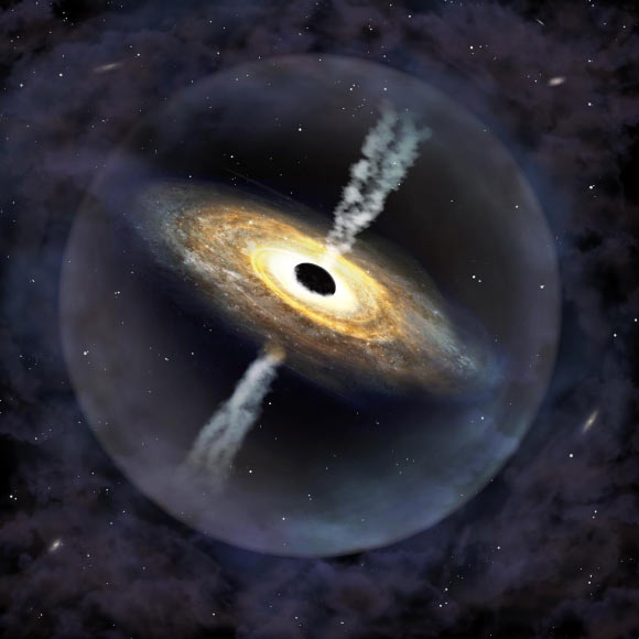 An artist’s impression of the quasar Pōniuā`ena. Image credit: International Gemini Observatory / NOIRLab / NSF / AURA / P. Marenfeld.