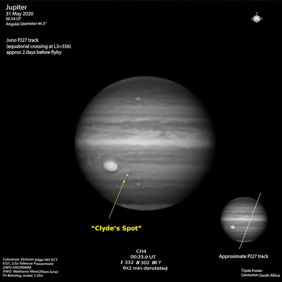 Jupiter as captured by Clyde Foster’s telescope, and Juno’s approximate trajectory as it zoomed close by the planet, traveling from north to south. Image credit: Clyde Foster.
