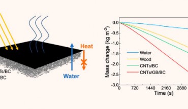 The wood-based hierarchical solar steam generator: CNT - carbon nanotubes, BC - bacterial cellulose, GB - glass bubbles. Image credit: Guan et al, doi: 10.1021/acs.nanolett.0c01088.