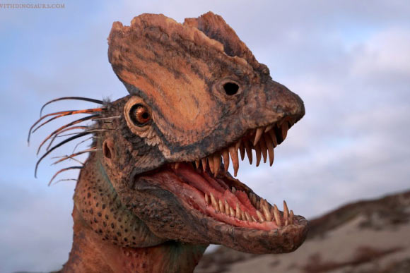 An artist’s interpretation of Dilophosaurus wetherilli, a theropod dinosaur that lived in what is now North America during the Early Jurassic, about 193 million years ago. Image credit: Brian Engh / The Saint George Dinosaur Discovery Site.