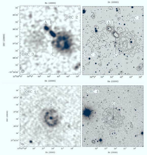 ASKAP radio continuum images of ORCs 2 and 3 from the Pilot Survey of the Evolutionary Map of the Universe and of ORC 4 from GMRT archival data. On the left are gray-scale images, with the synthesized beam shown in the bottom left corner, and radio contours overlaid onto DES optical images on the right. Image credit: Norris et al, arXiv: 2006.14805.