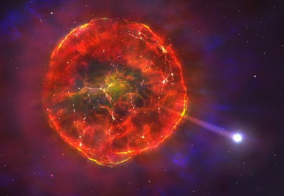 An artist’s impression of a thermonuclear supernova: the material ejected by the supernova will initially expand very rapidly, but then gradually slow down, forming an intricate giant bubble of hot glowing gas; eventually, the charred remains of the white dwarf that exploded will overtake these gaseous layers, and speed out onto its journey across our Milky Way Galaxy. Image credit: Mark Garlick / University of Warwick.