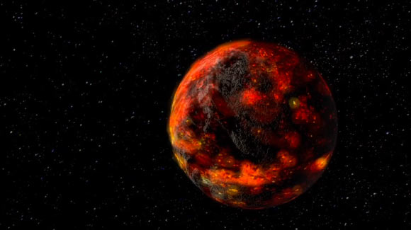 When the Moon formed into a sphere approximately 1,700 km in radius 4.425 billion years ago, its interior heated up considerably due to the energy released when it accreted. The rock melted and an ocean of magma, possibly more than 1,000 km deep, formed. Later, light rocks crystallized, which rose to the surface and formed a first crust on the Moon. This crust insulated the Moon from space, and the magma ocean beneath it cooled down slowly. Around 200 million years would pass before the Moon completely solidified. Image credit: NASA’s Goddard Space Flight Center.