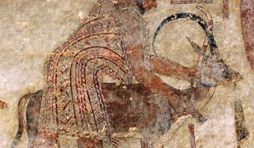 A man described as ‘Abisha the Hyksos,’ leading a group of Aamu, a painting from the tomb of Khnumhotep II (circa 1900 BCE). Image credit: Macquarie University.