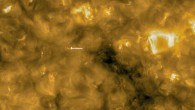 A high-resolution image from the Extreme Ultraviolet Imager (EUI) on Solar Orbiter, taken with the HRIEUV telescope on May 30, 2020. The circle in the lower left corner indicates the size of Earth for scale. The arrow points to one of the ubiquitous features of the solar surface, called ‘campfires’ and revealed for the first time by these images. On May 30, Solar Orbiter was roughly halfway between the Earth and the Sun, meaning that it was closer to the Sun than any other solar telescope has ever been before. Image credit: ESA / NASA / Solar Orbiter / EUI Team / CSL / IAS / MPS / PMOD / WRC / ROB / UCL / MSSL.