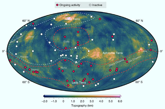 Global distribution of coronae identified as inactive or showing ongoing activity. The dashed lines contour the proposed areas of focused plume activity (red) or inactivity (white). Image credit: Gülcher et al, doi: 10.1038/s41561-020-0606-1.